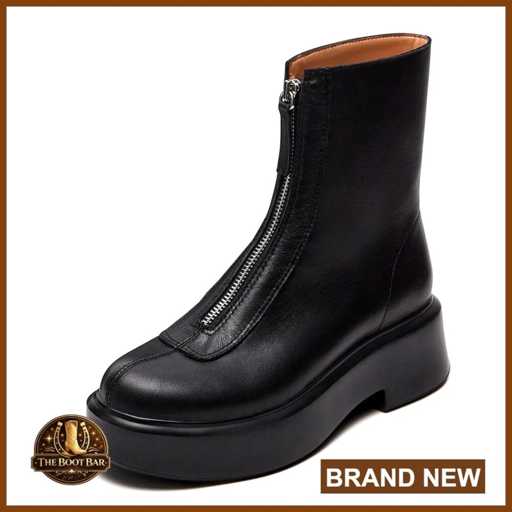 Leather Platform Ankle Boots With Block Heel, Winter Snow Boots, Zipper Closure